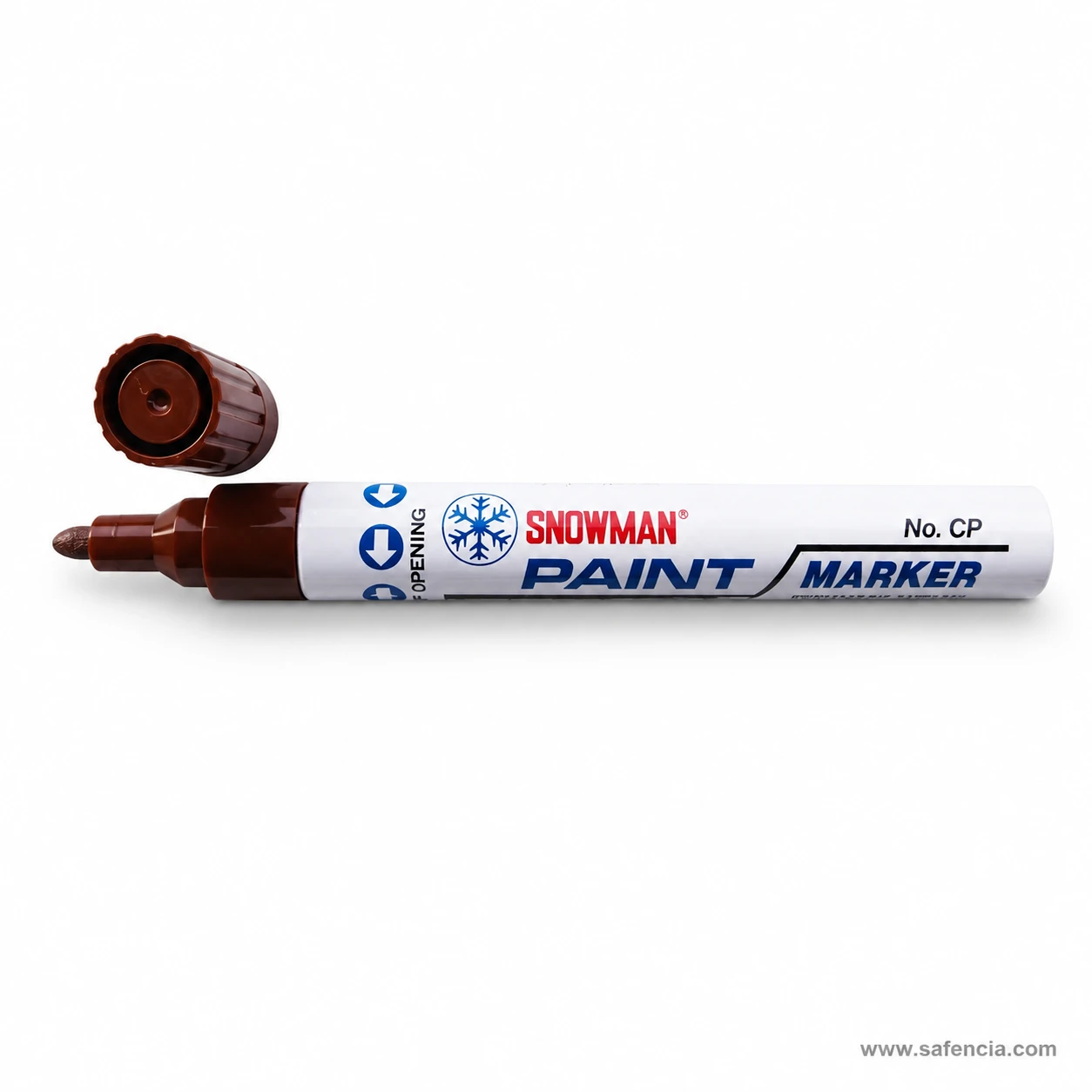 Snowman brown Paint Marker with cap removed showing the round tip