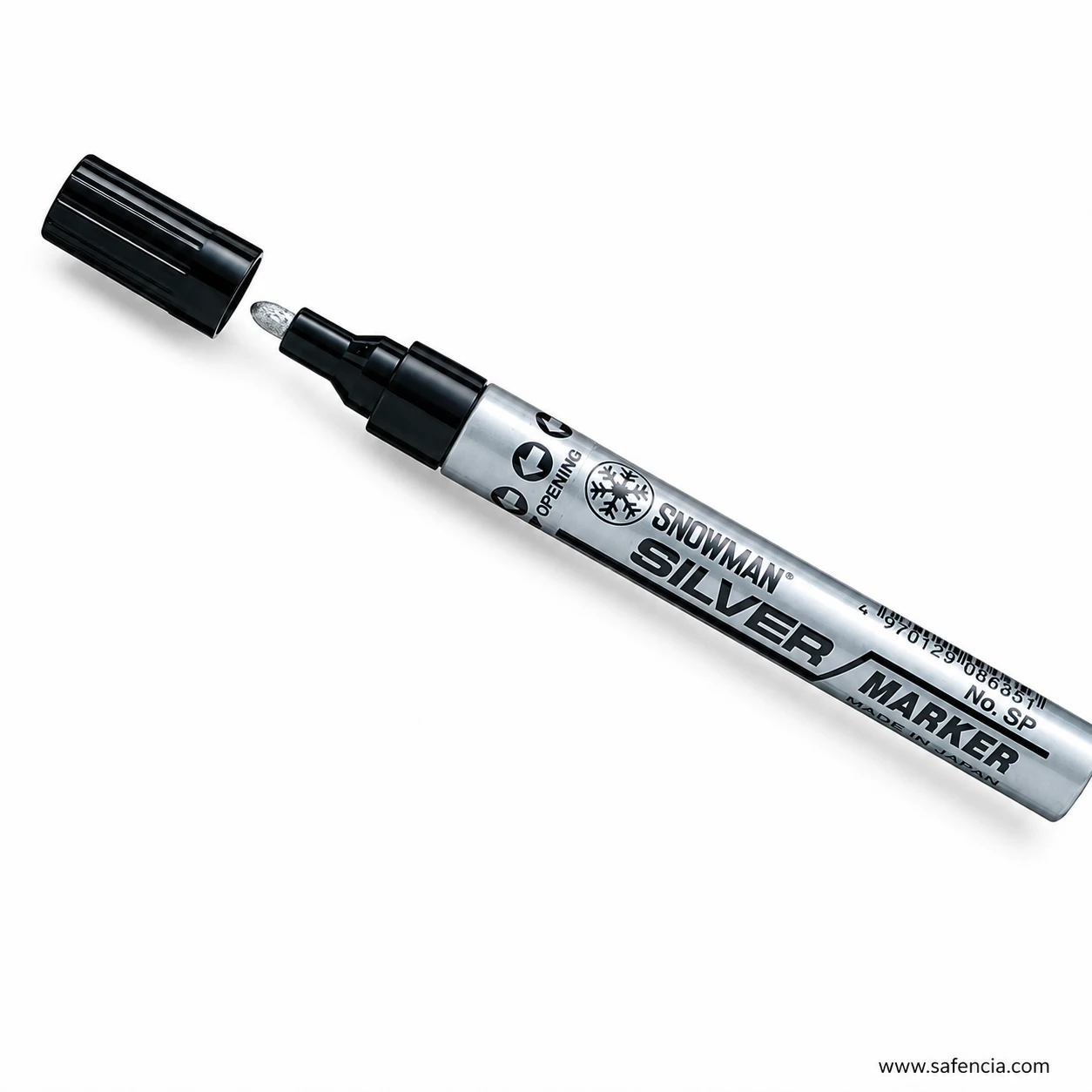 Snowman Silver Marker with cap removed showing the round tip and printed barrel