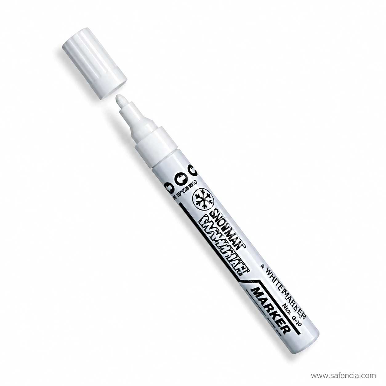 Snowman White Marker with cap removed showing the round tip and printed barrel