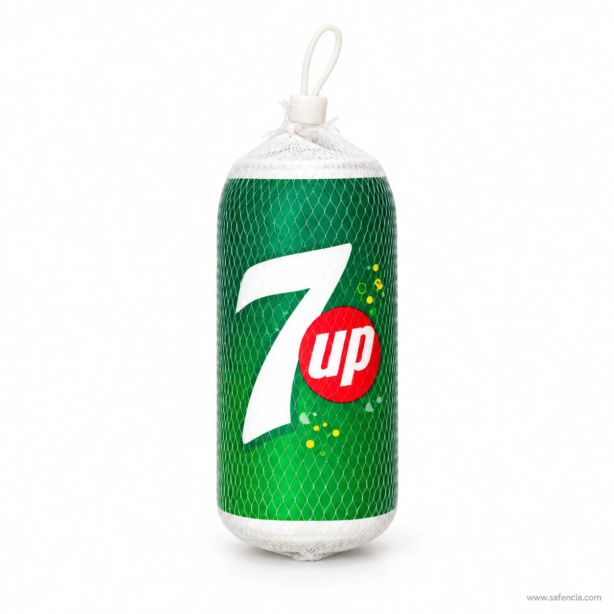 Green soda can squishy printed like a 7UP can inside a white mesh net with a hanging loop