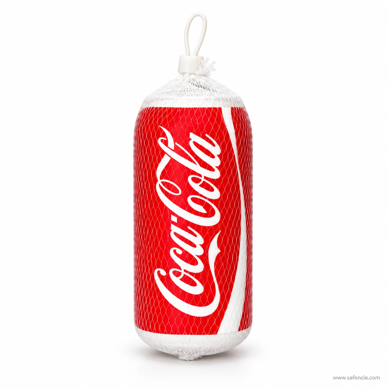 Red soda can squishy printed like a Coca-Cola can inside a white mesh net with a loop