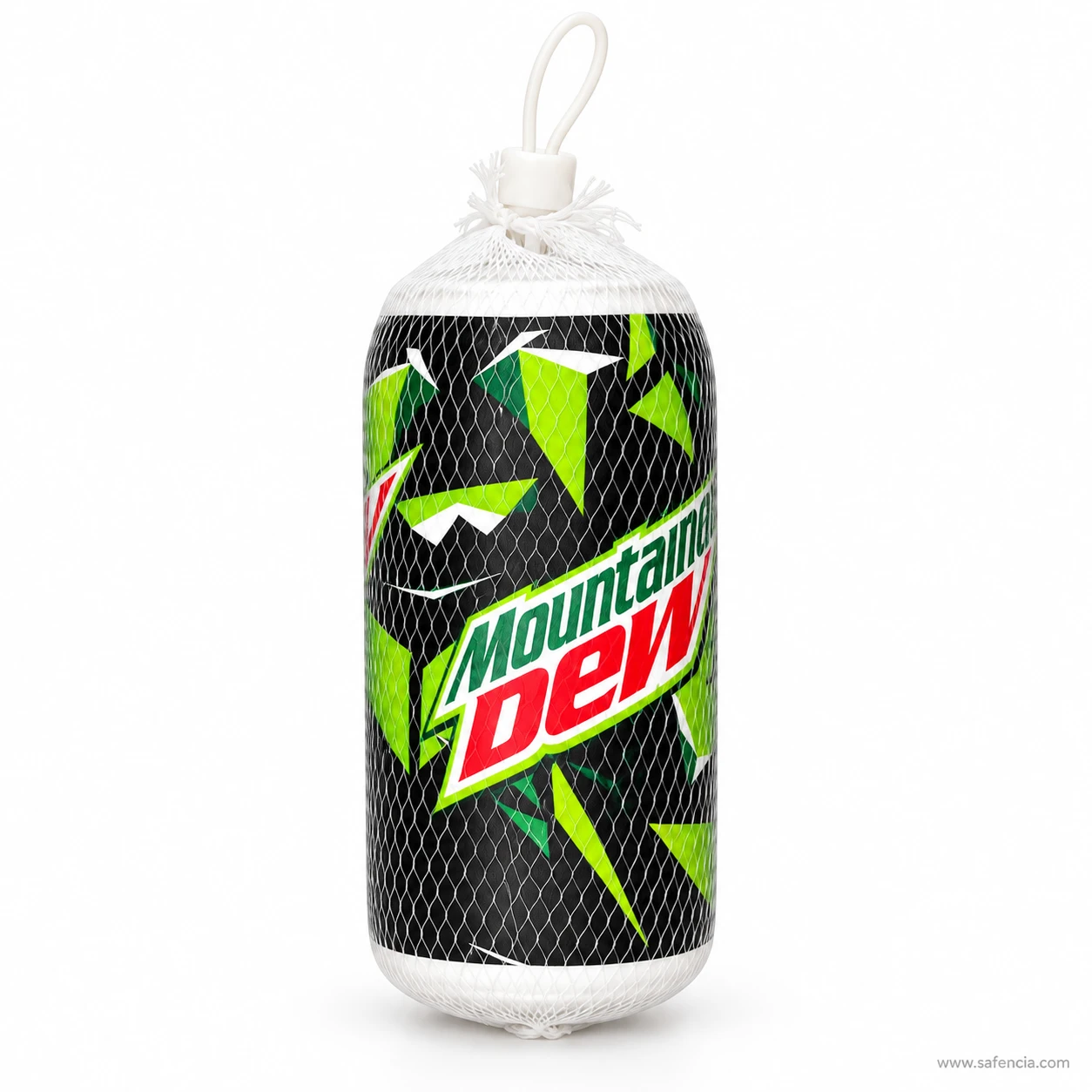 Black and green soda can squishy printed like a Mountain Dew can inside a white mesh net