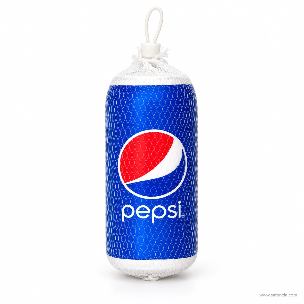 Blue soda can squishy printed like a Pepsi can inside a white mesh net with a hanging loop