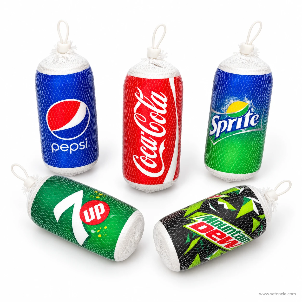 Five soda can squishies, three standing and two lying down, each in a white mesh net