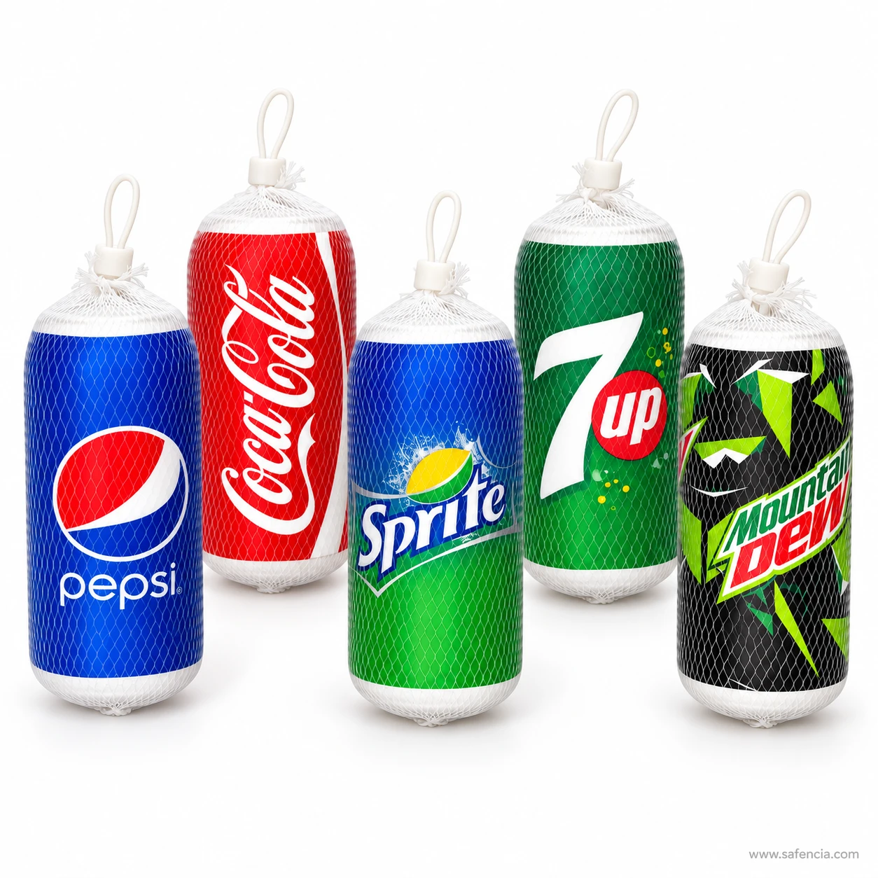 Group of five soda can squishies in mesh nets with hanging loops, in blue, red, green and black