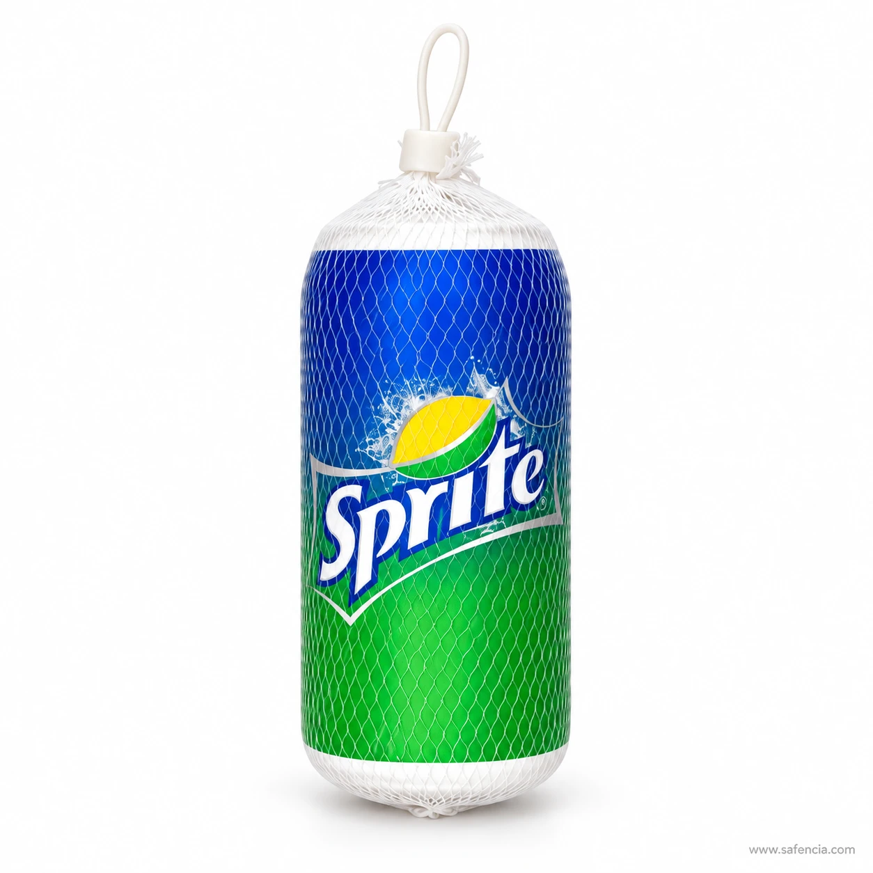 Blue and green soda can squishy printed like a Sprite can inside a white mesh net