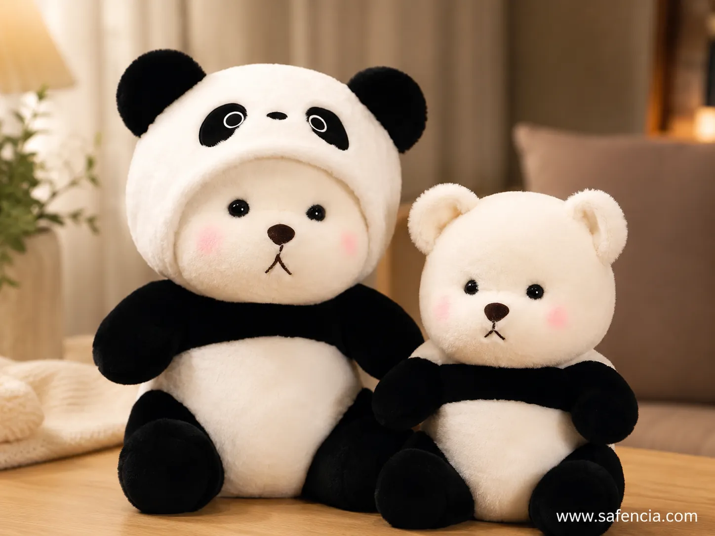 Panda teddy bear with cap pair showing large and small plush sizes side by side