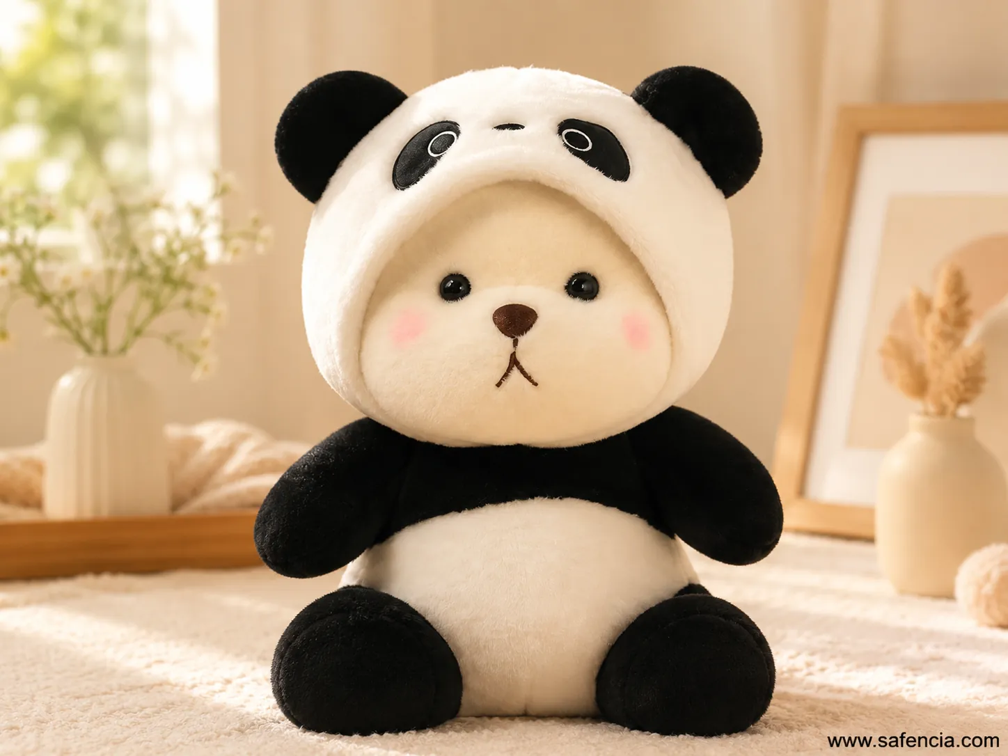 Panda teddy bear with cap single plush front view with panda hood and ears