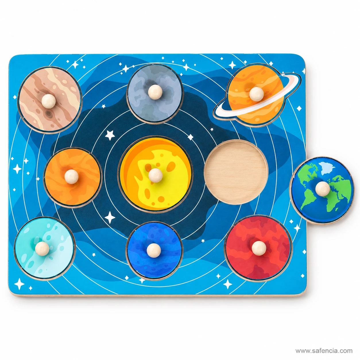 Earth knob piece lifted out beside its empty round recess on the solar system wooden peg puzzle