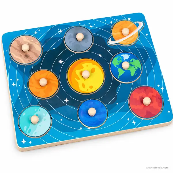 Solar System Wooden Peg Puzzle Board (Sun and Eight Planet Knob Pieces)