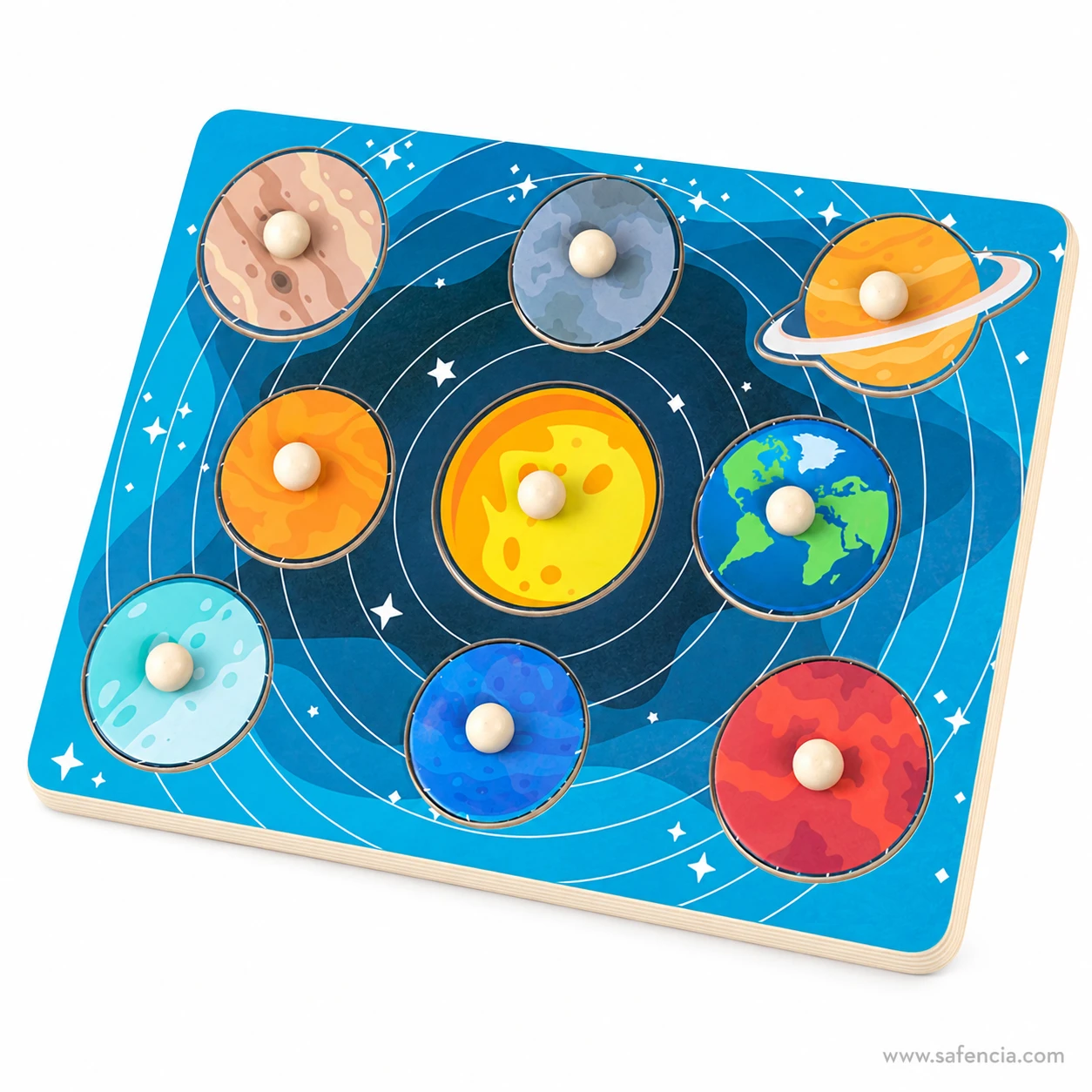 Angled view of the wooden solar system puzzle showing round planet pieces with small wooden knobs