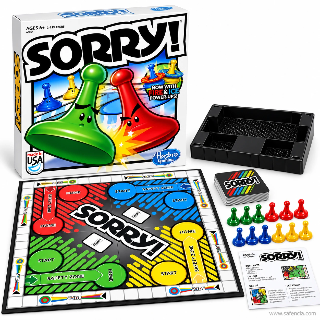 Sorry! board game laid out with the board, 16 pawns in red, blue, yellow and green, the card deck, tray and instructions