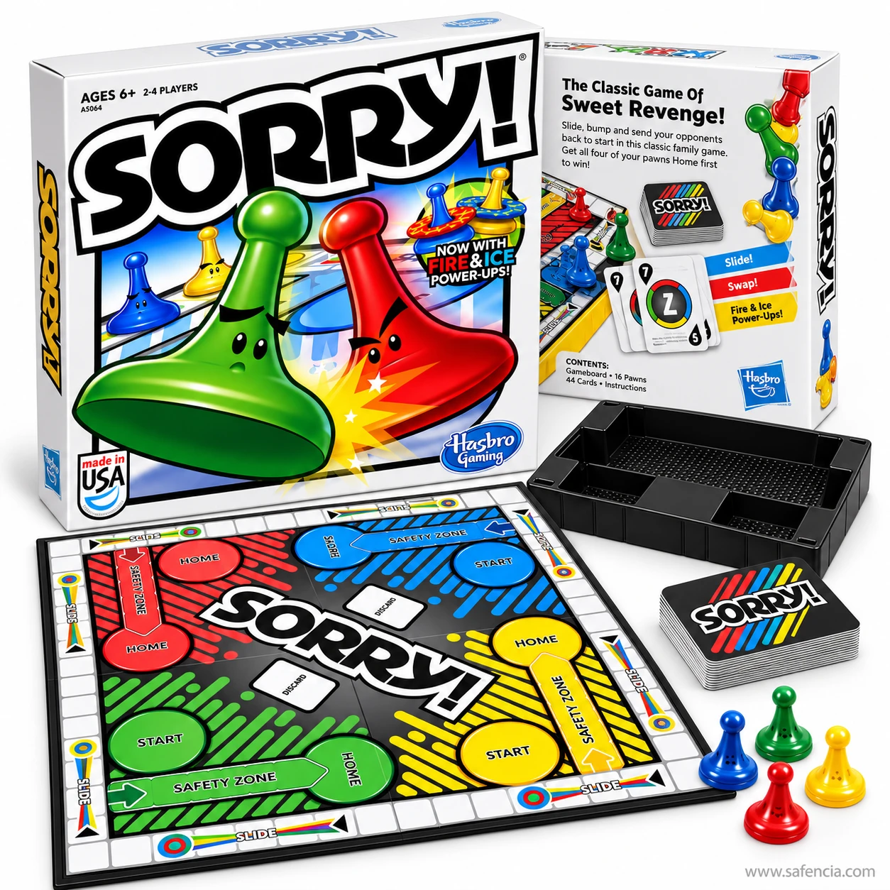 Back of the Sorry! box reading the classic game of sweet revenge, with slide, swap and fire and ice power-ups panels