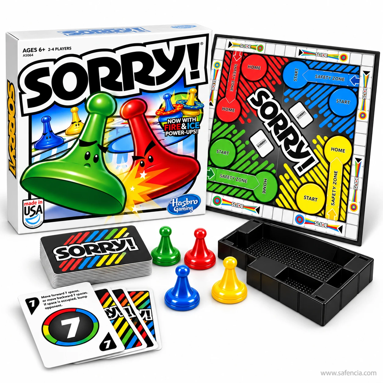 Close-up of Sorry! game cards beside four coloured pawns and the card deck, the board standing behind