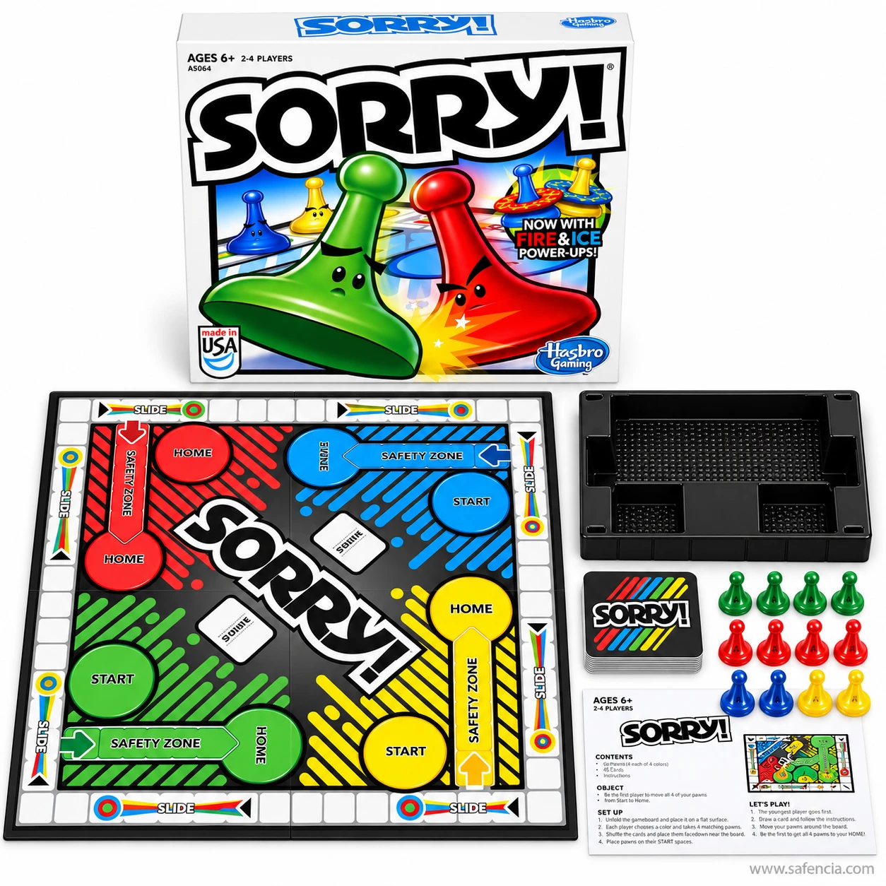 Flat lay of the Sorry! board game showing Start, Safety Zone and Home areas in four colours with pawns and cards