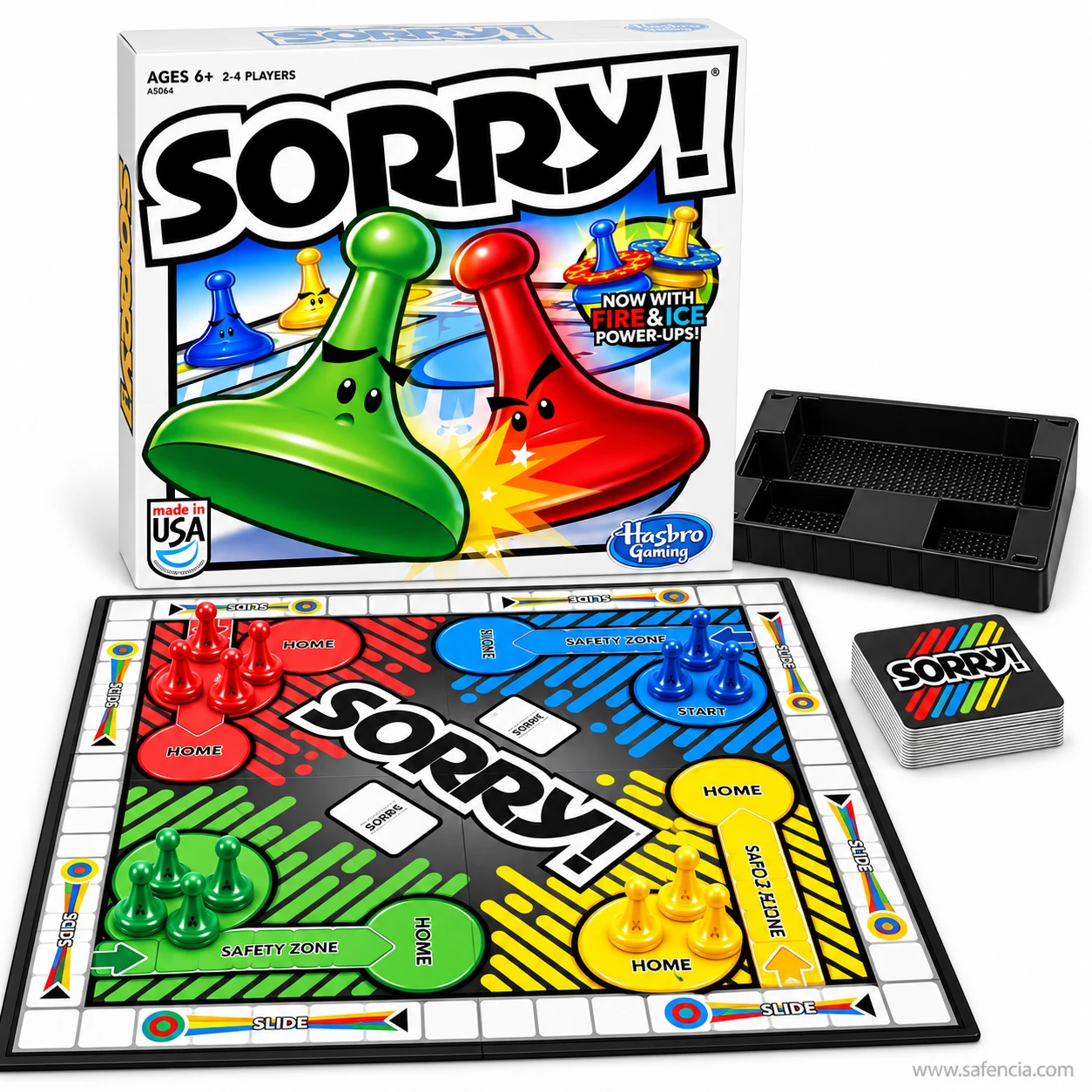 Sorry! board with each colour's four pawns set out in their Start circles, the box, card deck and tray behind