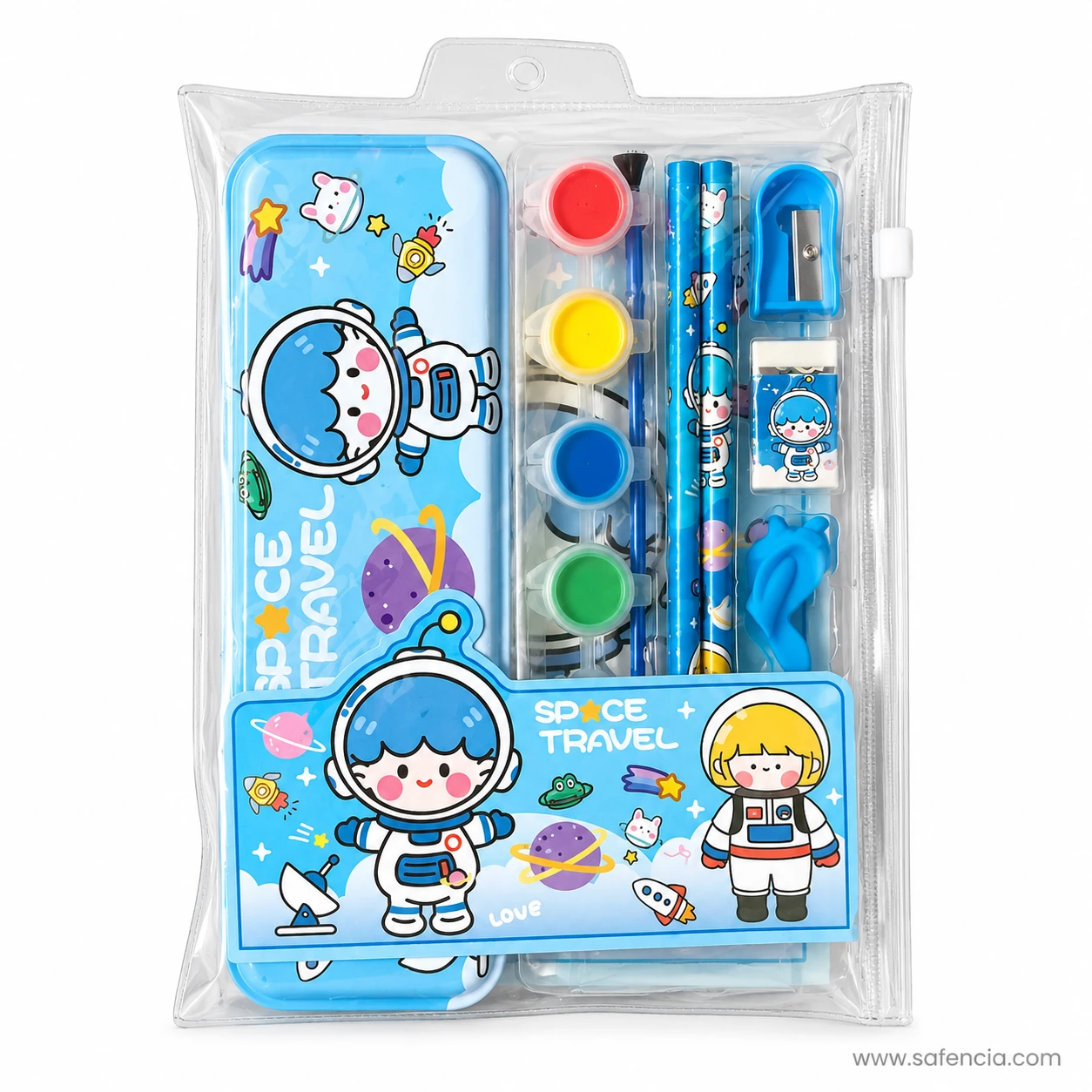 Full Space Travel stationery set contents visible through the clear pouch