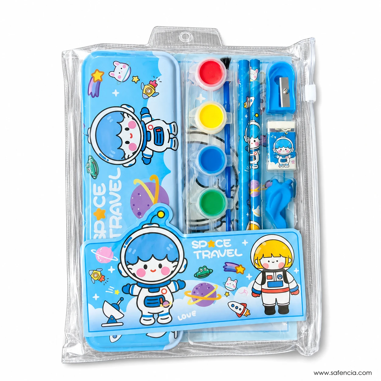Light blue Space Travel metal pencil box showing the astronaut tin print