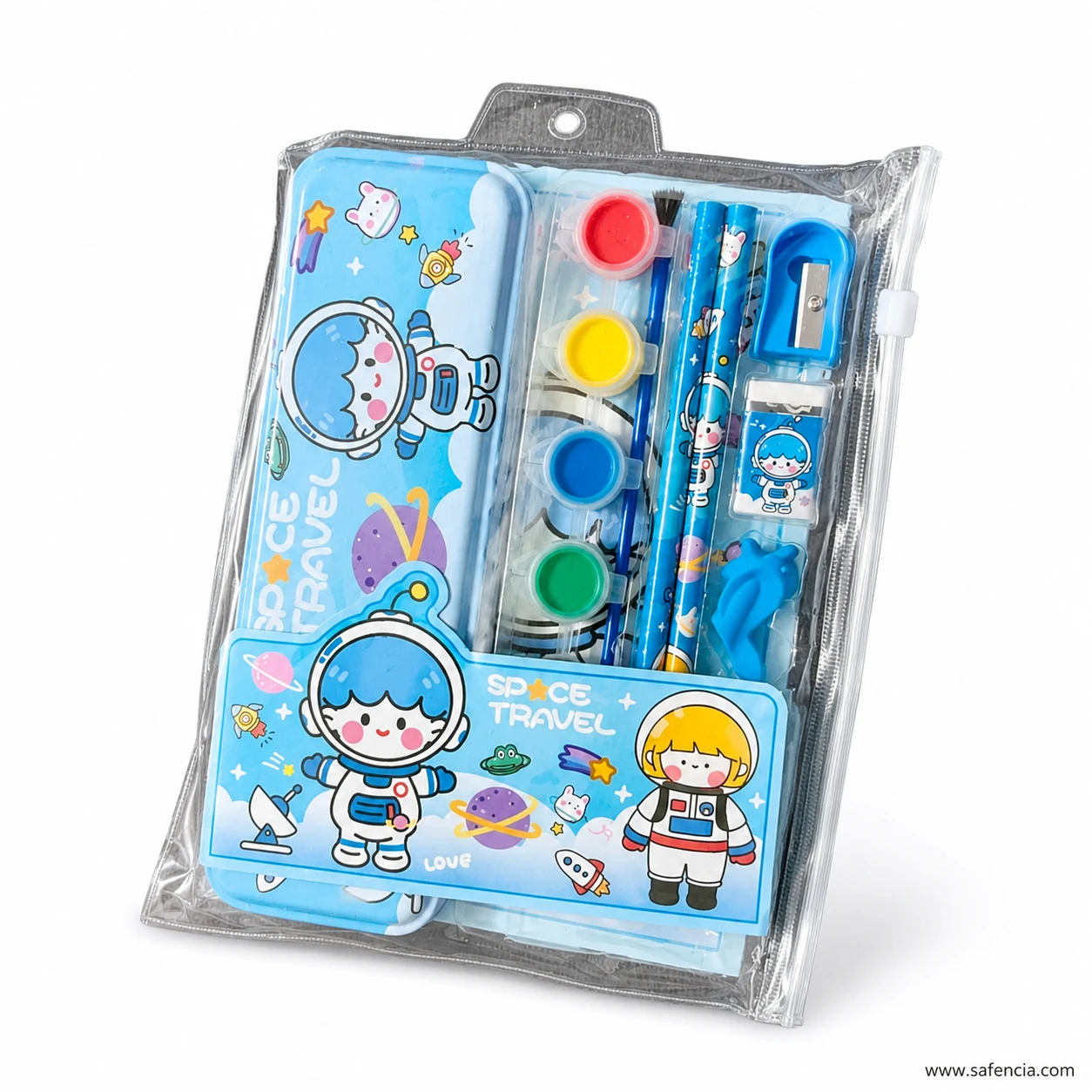 Space Travel stationery set pouch with punched hang tab at the top