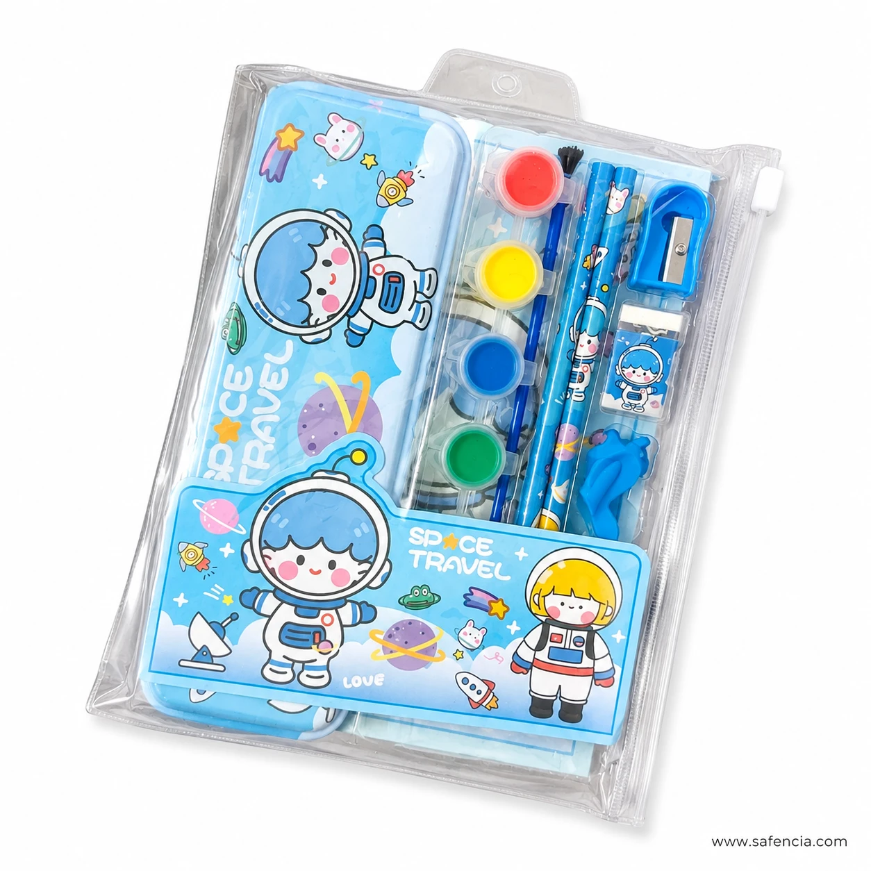 Space Travel set paint pots, brush, pencils, sharpener and eraser detail
