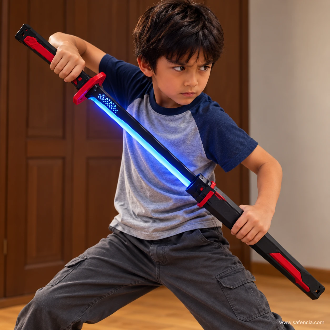 Boy in a ninja stance drawing the spark katana from its sheath with the blade glowing blue