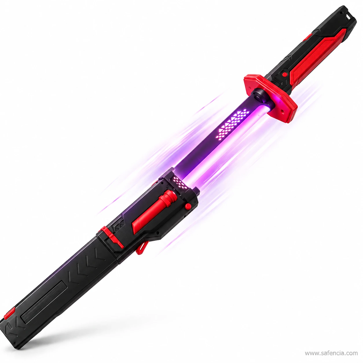 Spark katana half drawn from its sheath with the blade lit purple and a streak of purple light trailing behind it