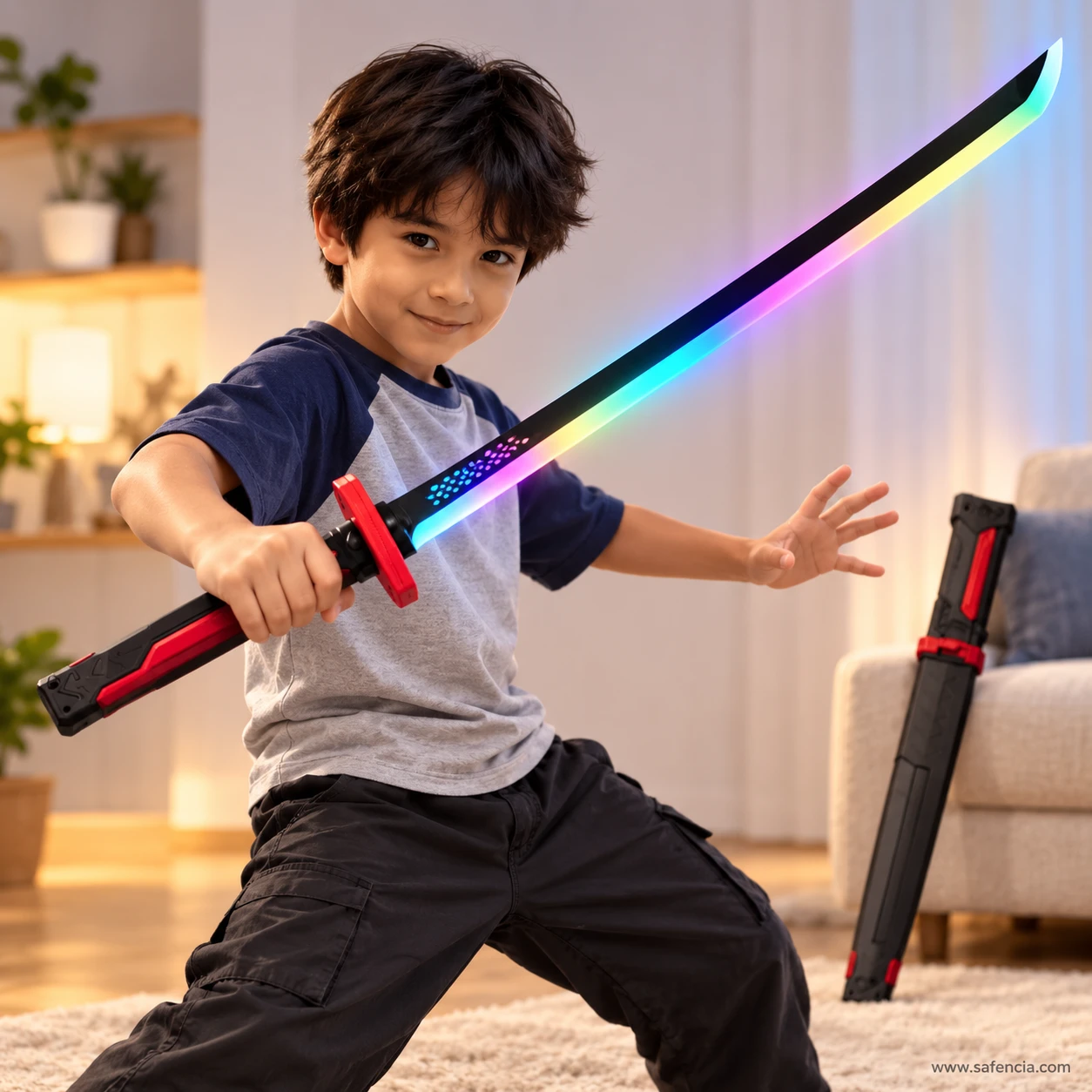Smiling boy in a living room holding the spark katana out with its blade glowing in rainbow colours, sheath behind him