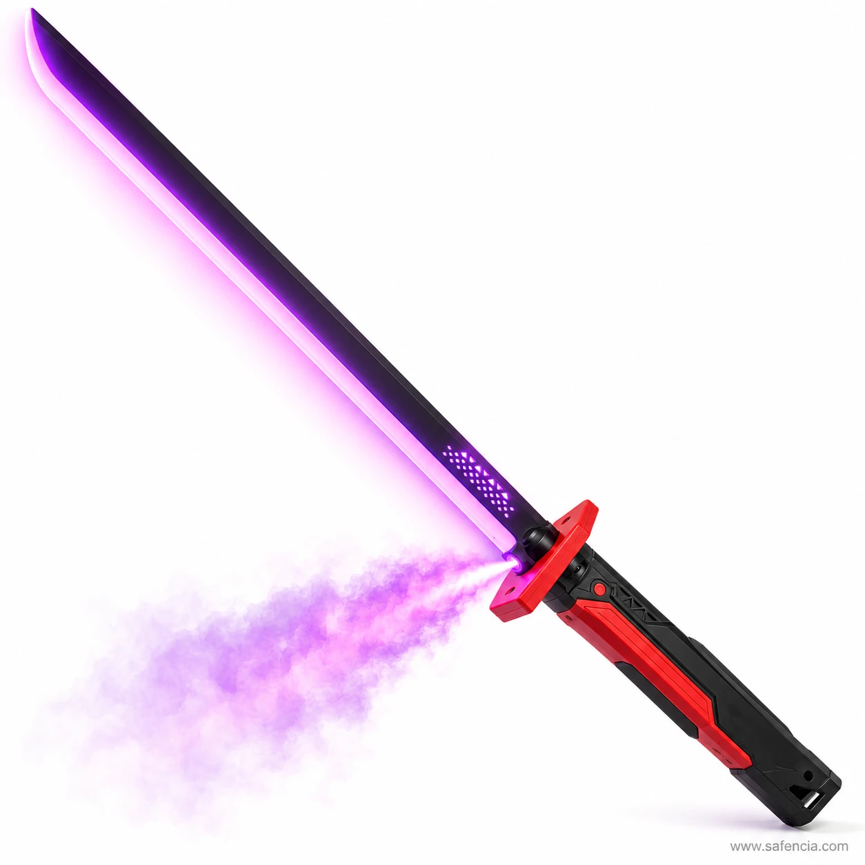 Spark katana with a purple lit blade and a cloud of purple-lit mist drifting from the red guard, charging port in the handle