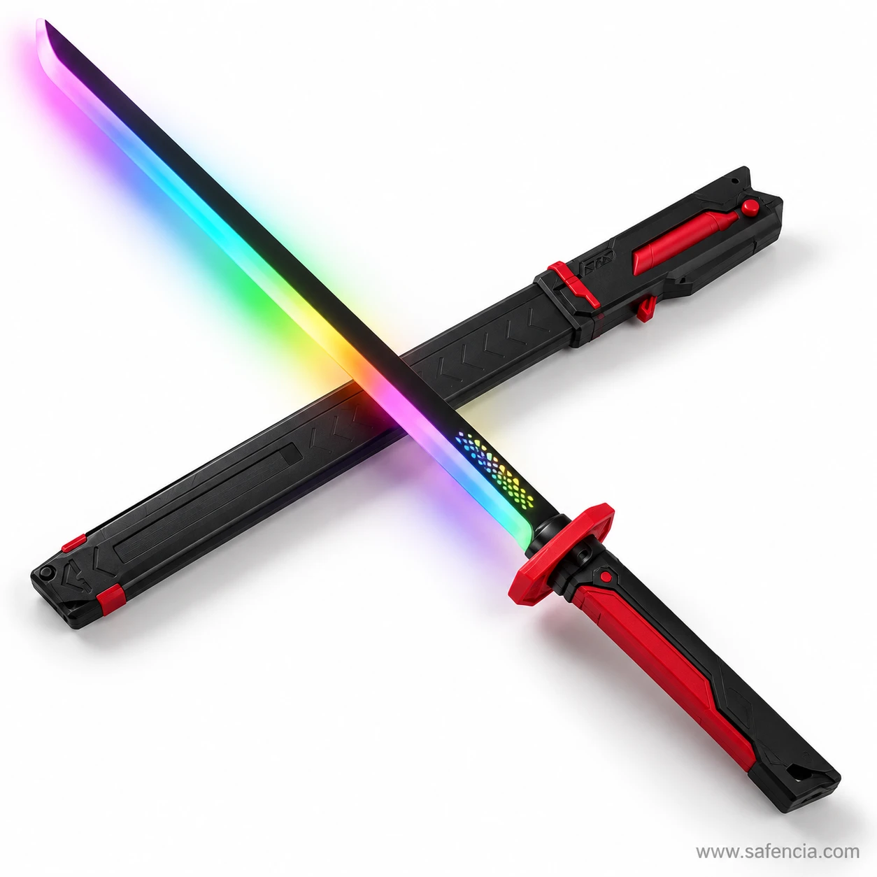 Spark katana with a rainbow-lit blade laid across its black sheath, showing the red guard, red grip panels and red end caps