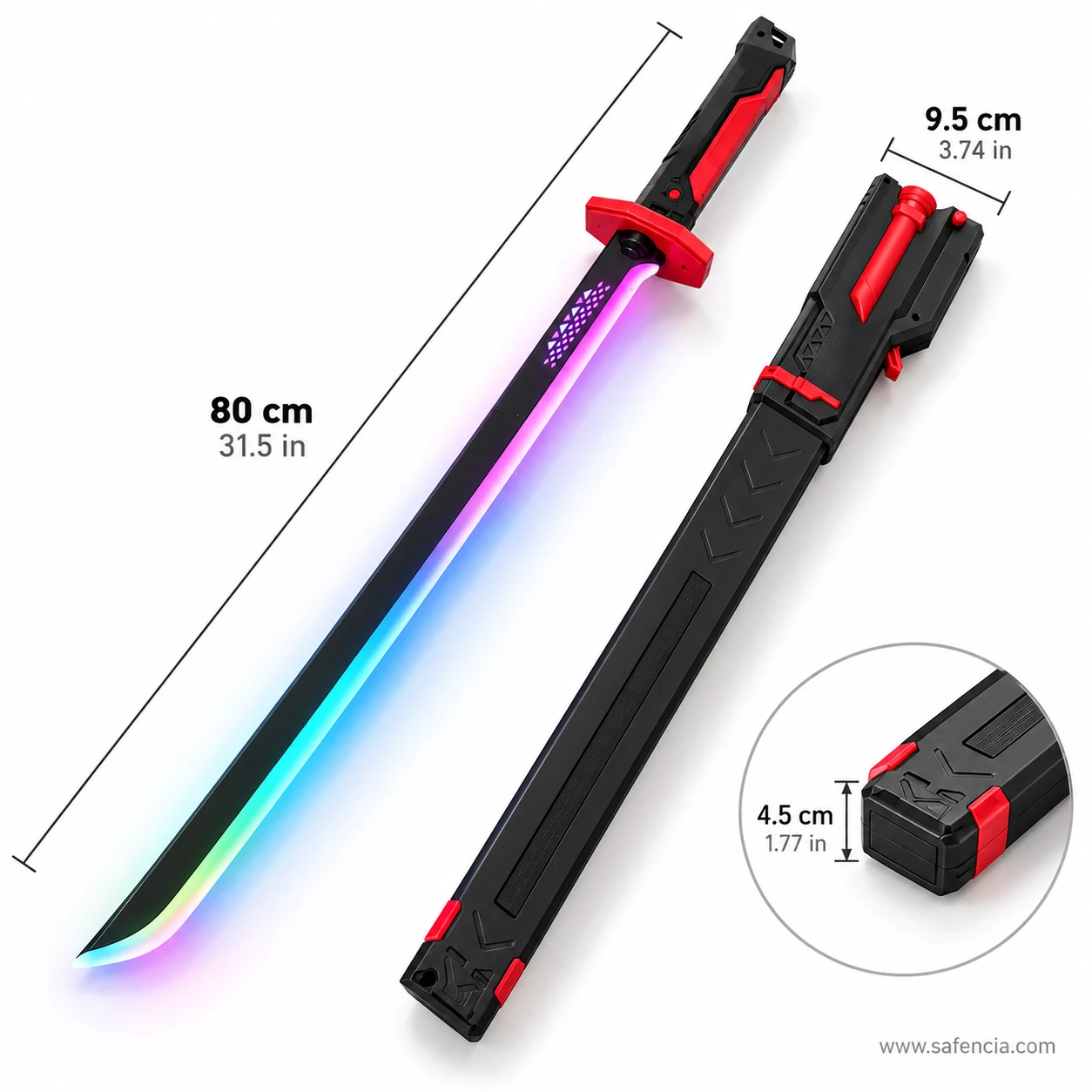 Spark katana size guide: the sword measured at 80 cm or 31.5 inches, the sheath 9.5 cm wide and 4.5 cm thick