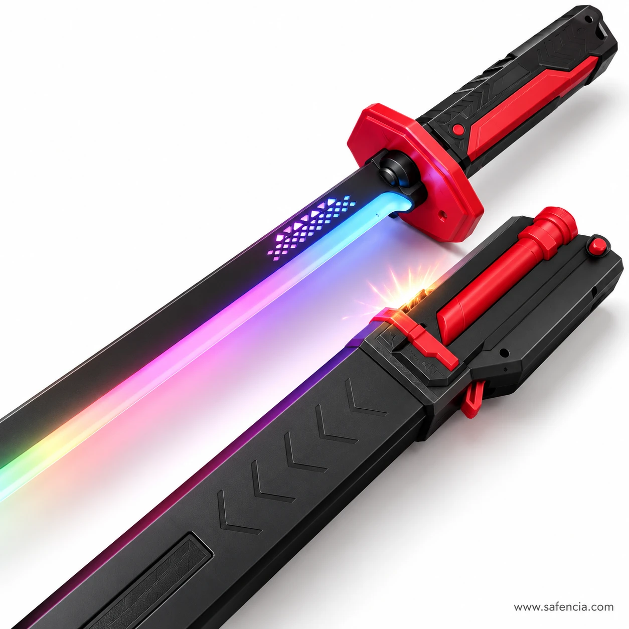 Close-up of the spark katana being drawn, with sparks flying from the raised red section at the mouth of the black sheath