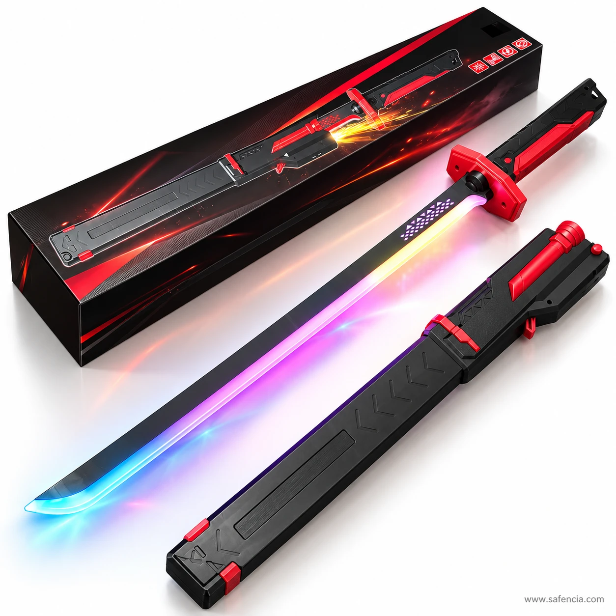 Spark katana toy sword lit in rainbow colours lying with its black sheath in front of its long black and red gift box