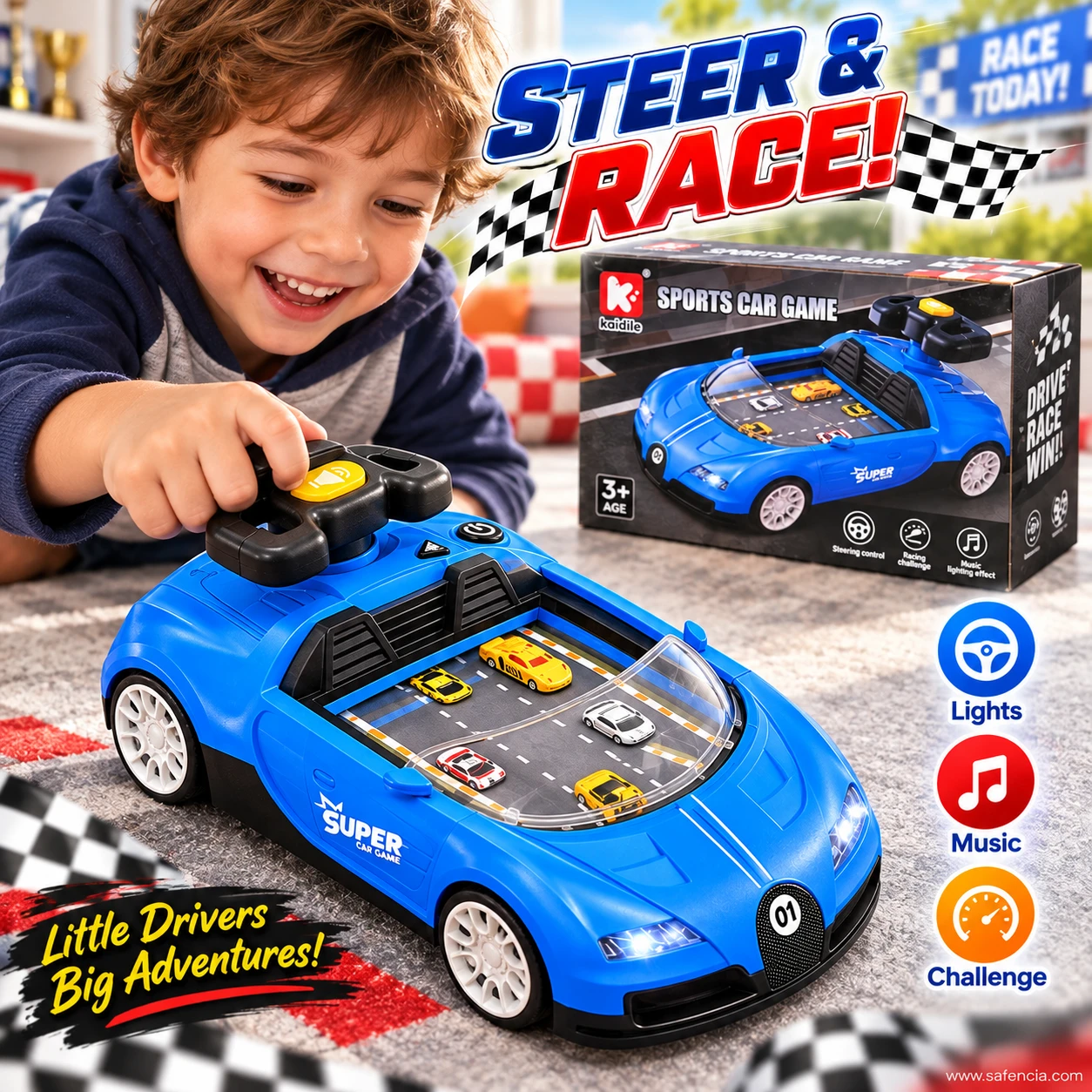 Smiling child steering the blue sports car racing game on a play mat