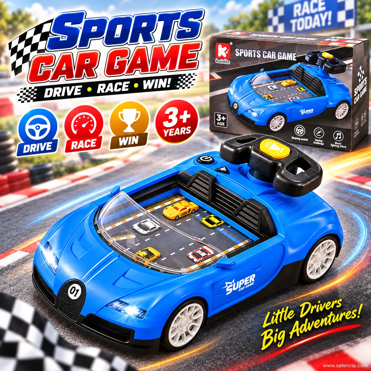 Blue sports car racing game with LED headlights on and its Sports Car Game box