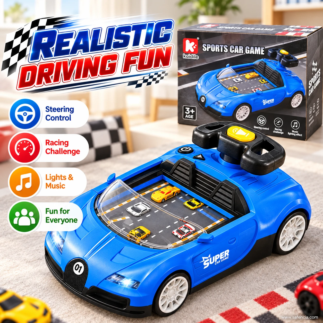 Sports car racing game with its black steering wheel and yellow horn button behind the road
