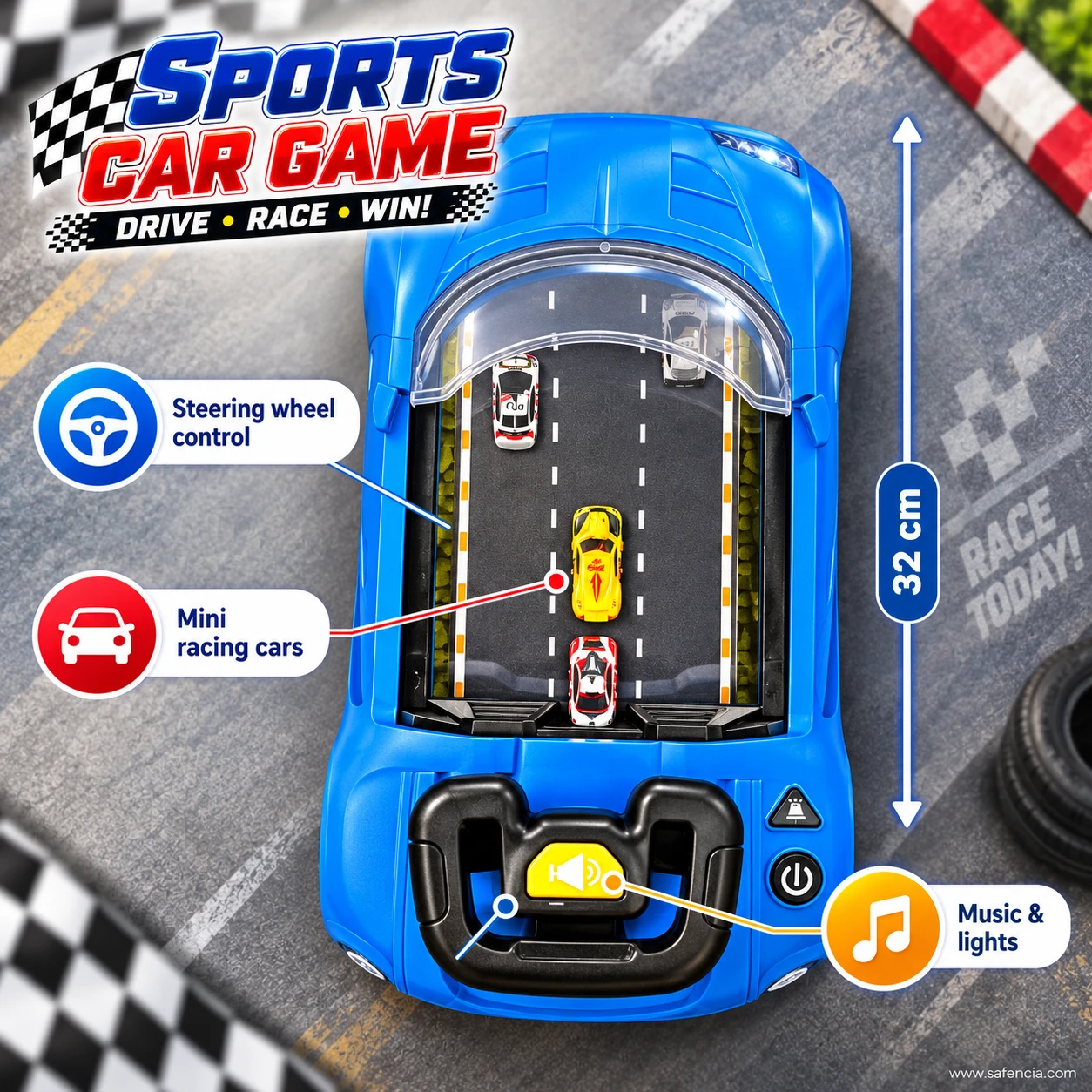 Top view of the sports car racing game showing the road, mini racing cars and 32 cm length