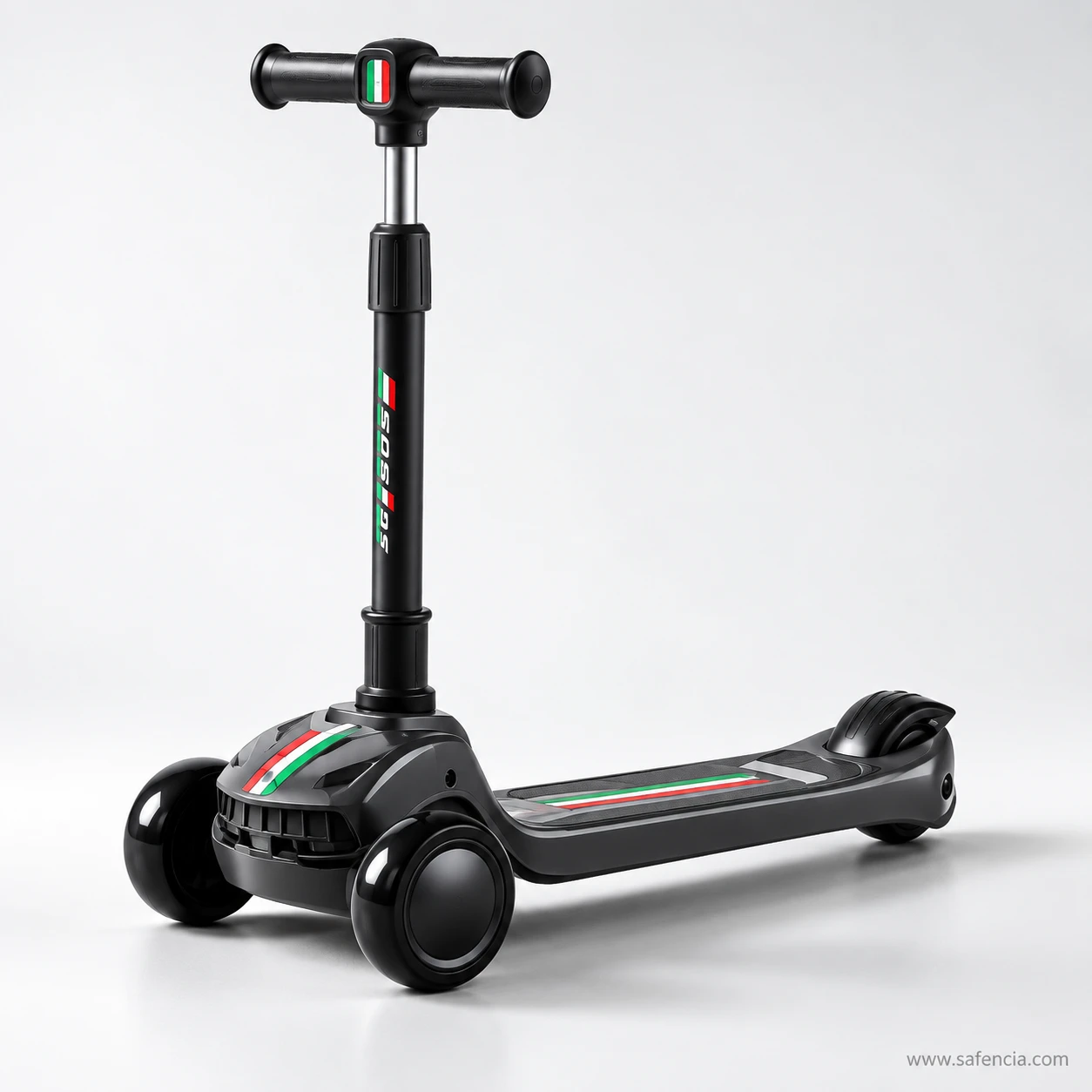 All-black sporty racing kids scooty with a thin green, white and red racing stripe