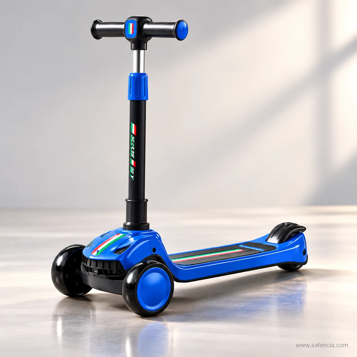 Blue sporty racing kids scooty with a sports-car front and black grip deck