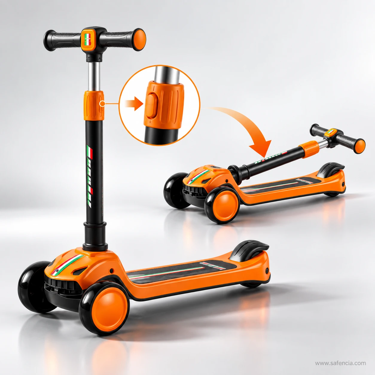 Orange sporty racing kids scooty showing the fold button on the stem and the folded scooty