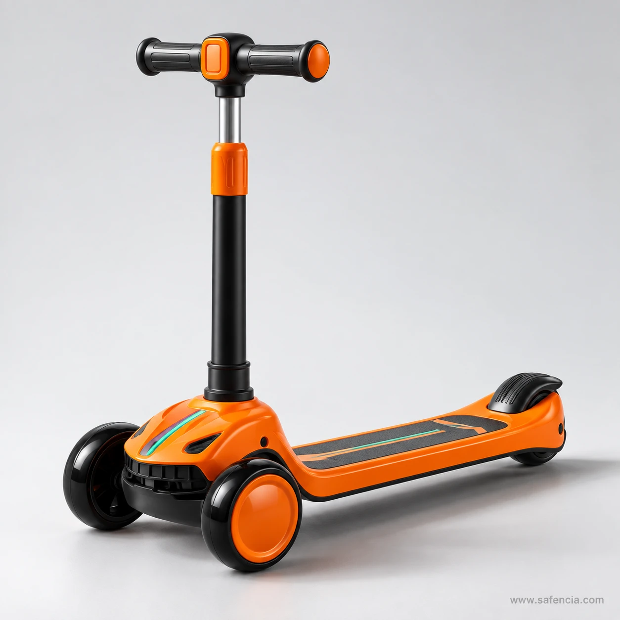 Orange sporty racing kids scooty on a grey studio floor with the black stem and grip deck