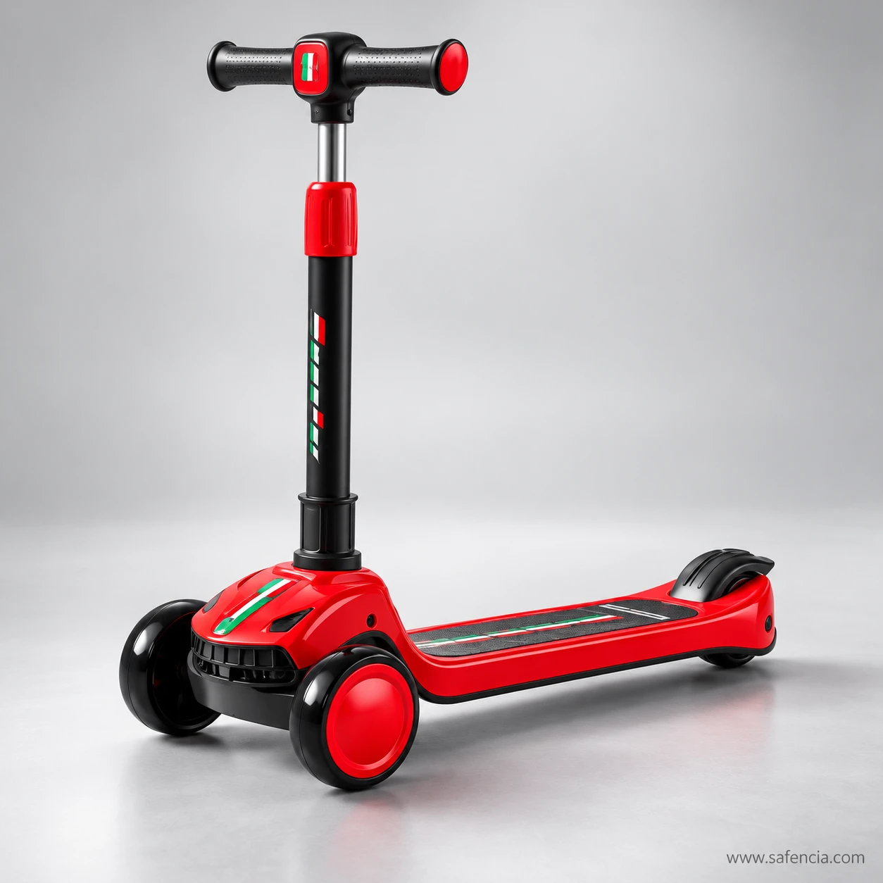 Red sporty racing kids scooty with a black stem, racing stripe and red wheel hubs