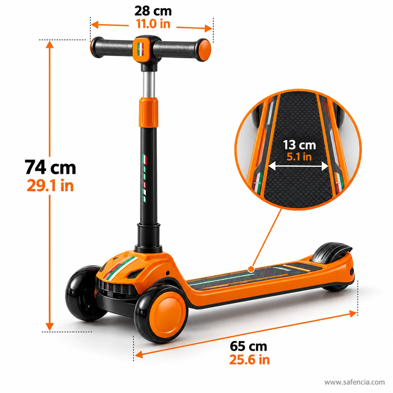 Size chart of the sporty racing kids scooty: 74 cm height, 28 cm handlebar, 13 cm deck, 65 cm length
