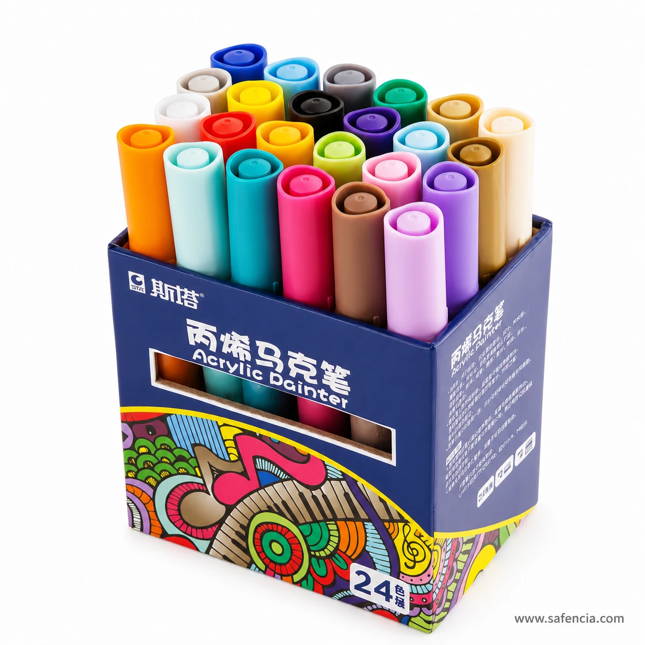 STA Acrylic Painter 24 colour box standing open with the pens upright inside