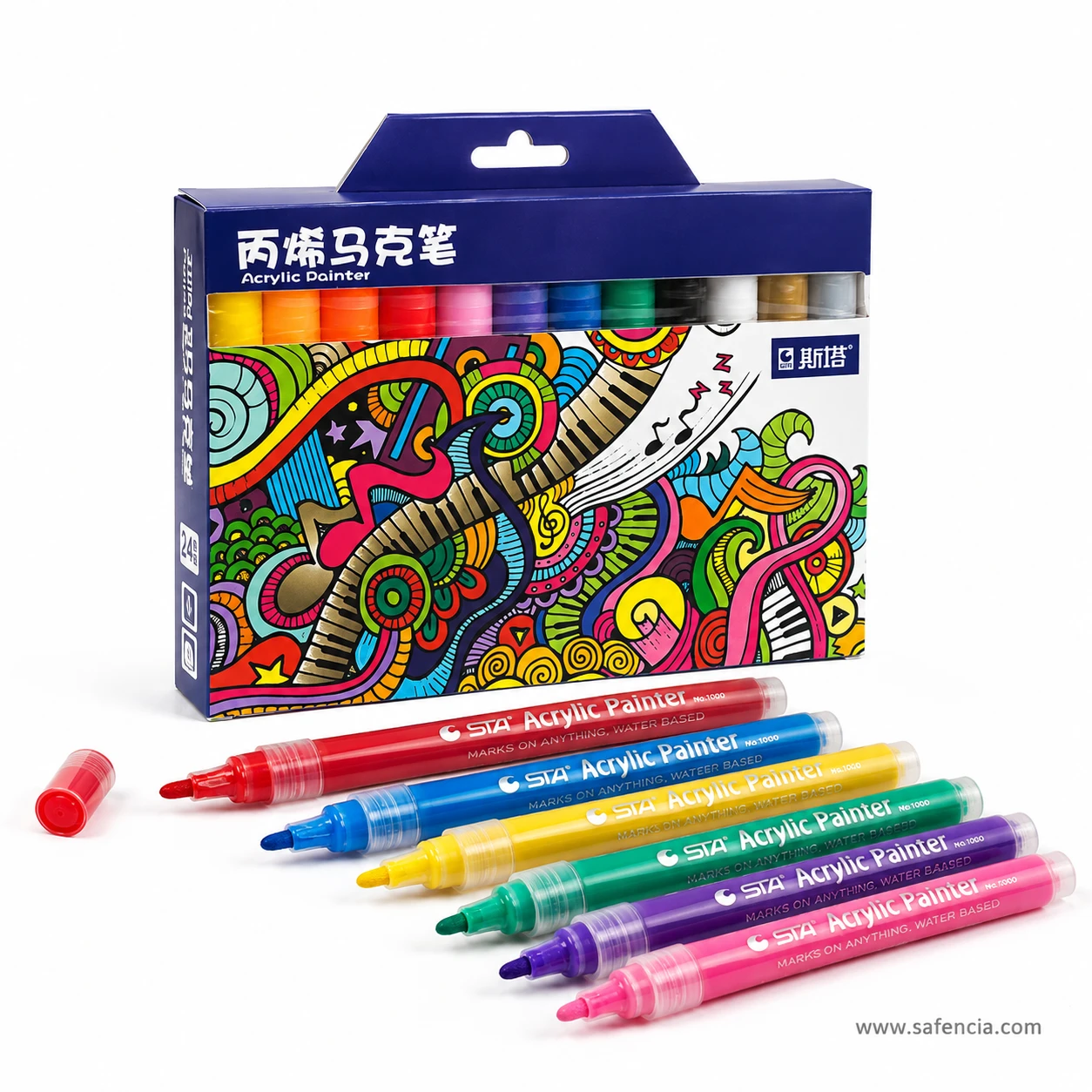 Six STA Acrylic Painter pens laid out beside the closed carton