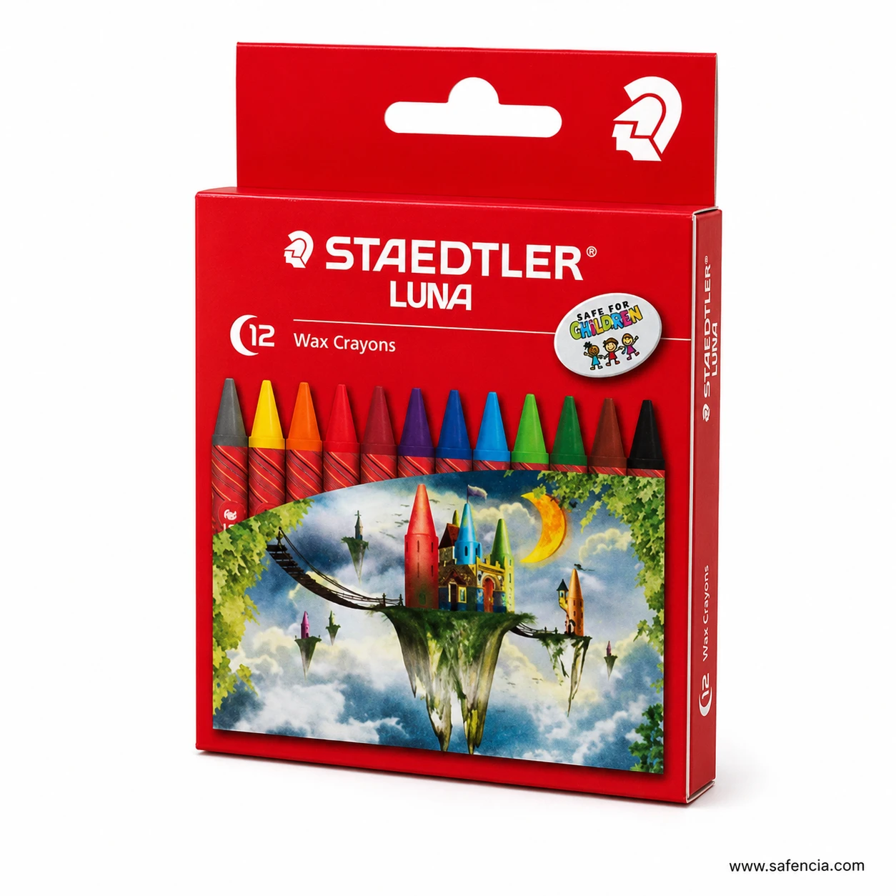Staedtler Luna crayon carton at an angle showing the hanging tab