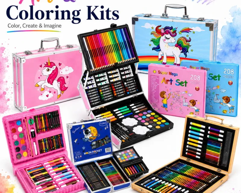 Art and coloring kits collection — deluxe wooden art suitcases, folding cases, double-sided easel kits and complete drawing sets