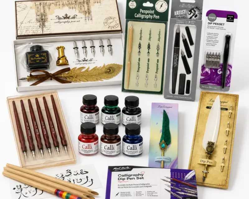 Calligraphy collection — bamboo khatati qalams, boxed dip pen sets, feather pens, Calli ink bottles and an Urdu practice book