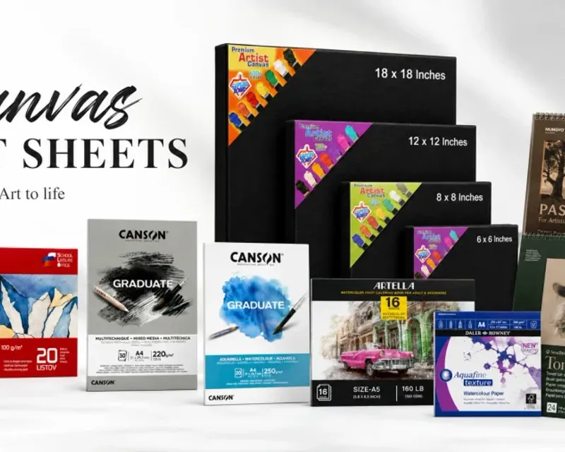 Canvas and art sheets collection — Canson watercolor pads, black canvas boards, Aero drawing block and Artella sketchbook