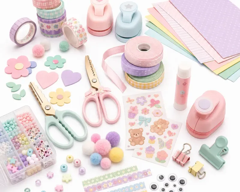 Craft accessories collection — washi tapes, shaped punches, a compartment box of beads, craft scissors, pom poms, sticker sheets, ribbon rolls and patterned paper