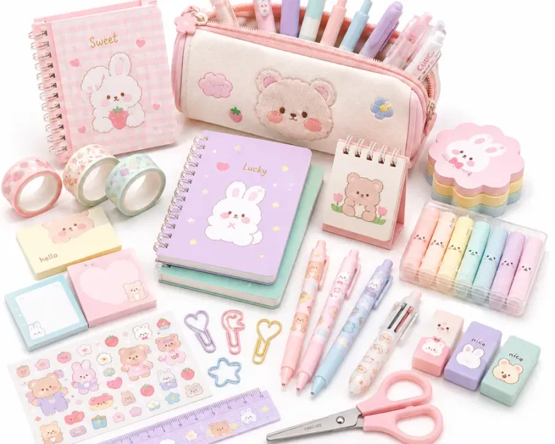 Cute stationery collection — kawaii bunny and bear pencil pouches, pastel erasers and novelty shaped sharpeners